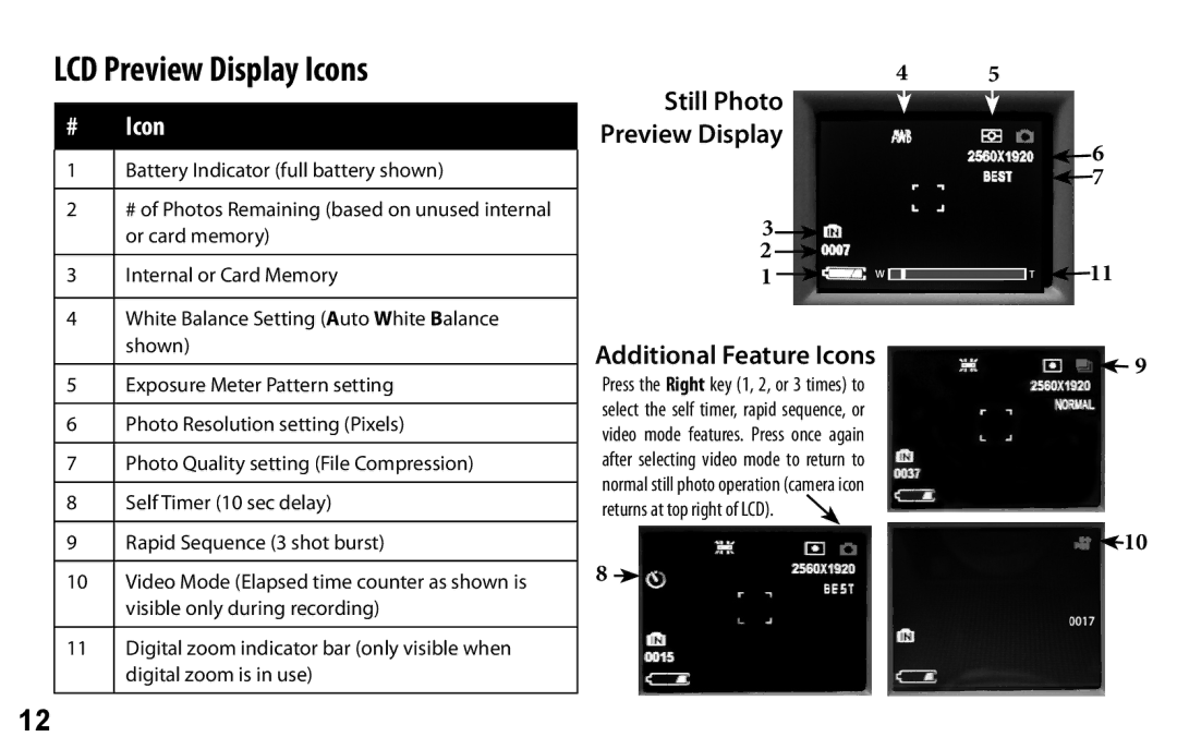 Bushnell 98-0917/02-10 user manual LCD Preview Display Icons, Still Photo Preview Display Additional Feature Icons 