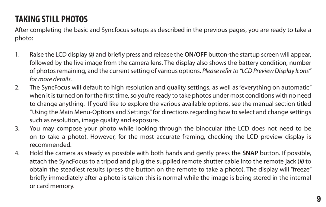 Bushnell 98-0917/02-10 user manual Taking Still Photos 