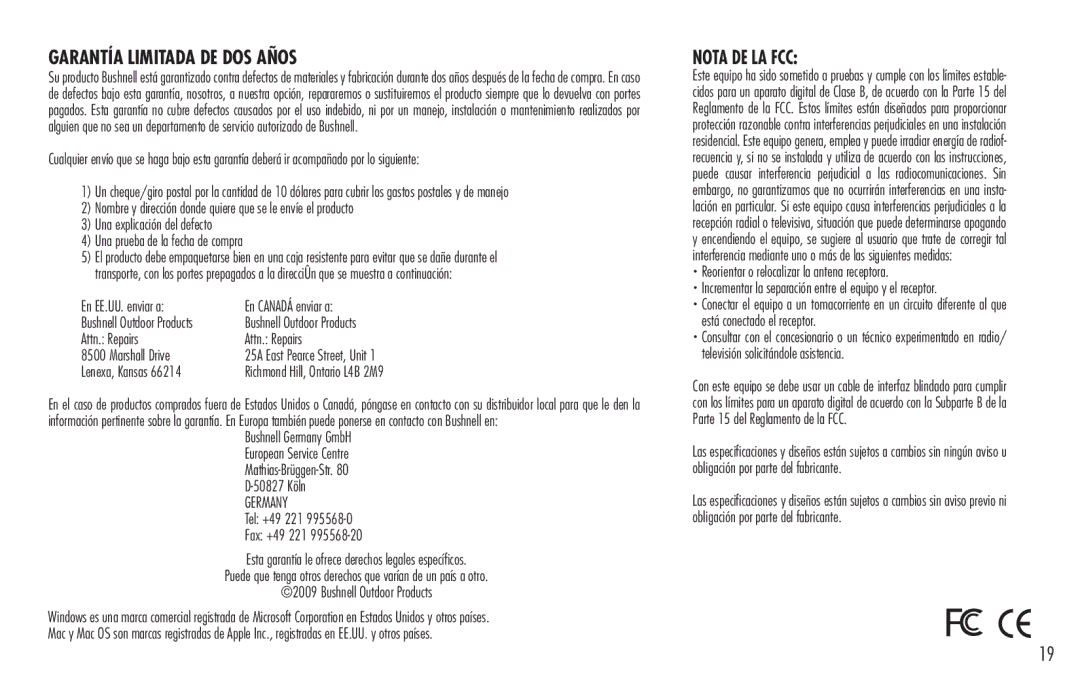 Bushnell 98-0917/04-09 quick start Garantía Limitada DE DOS Años, Nota DE LA FCC 