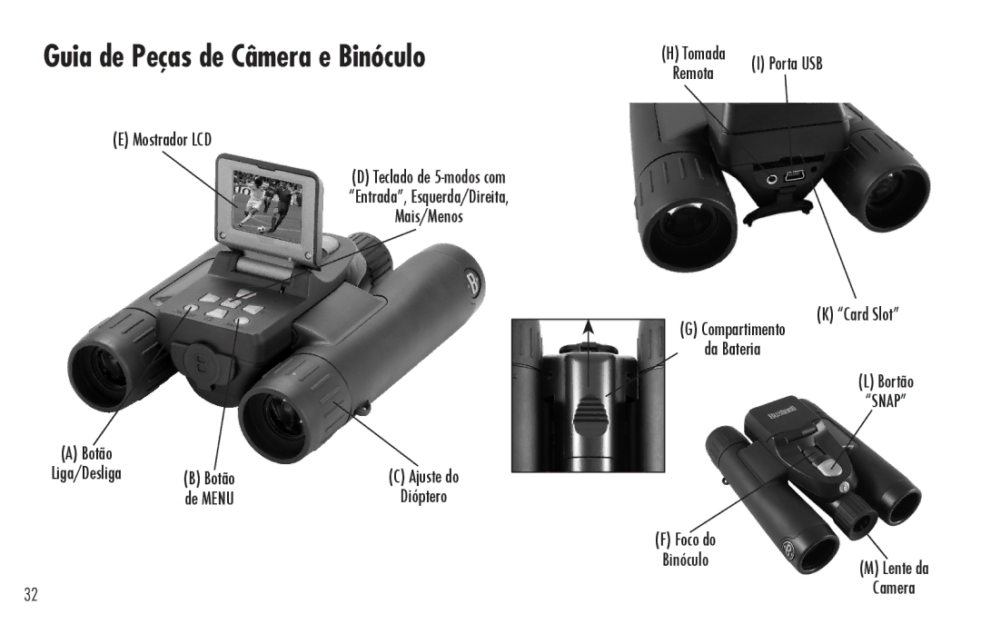 Bushnell 98-0917/04-09 quick start Mostrador LCD, Tomada I Porta USB Remota, Botão, De Menu, BinóculoM Lente da Camera 