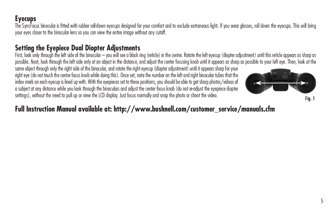 Bushnell 98-0917/04-09 quick start Eyecups, Setting the Eyepiece Dual Diopter Adjustments 