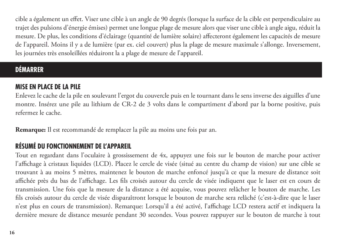 Bushnell 98-1355/01-09, 202204 manual Mise EN Place DE LA Pile, Résumé DU Fonctionnement DE L’APPAREIL 