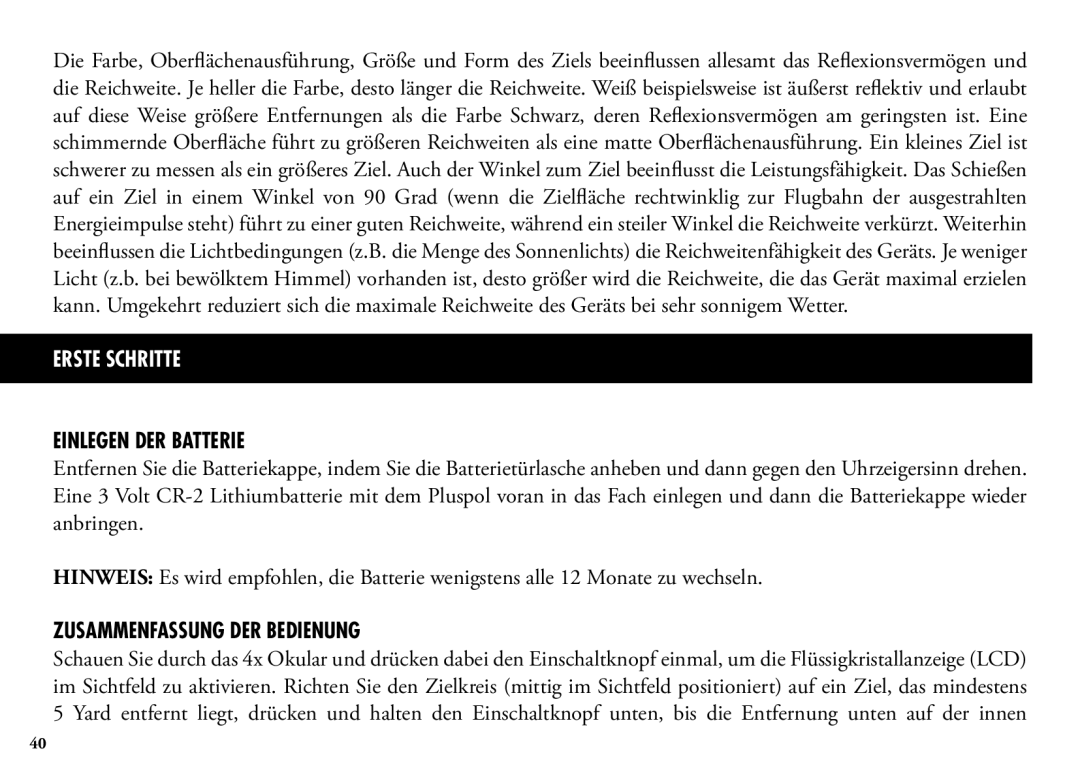 Bushnell 98-1355/01-09, 202204 manual Einlegen DER Batterie, Zusammenfassung DER Bedienung 