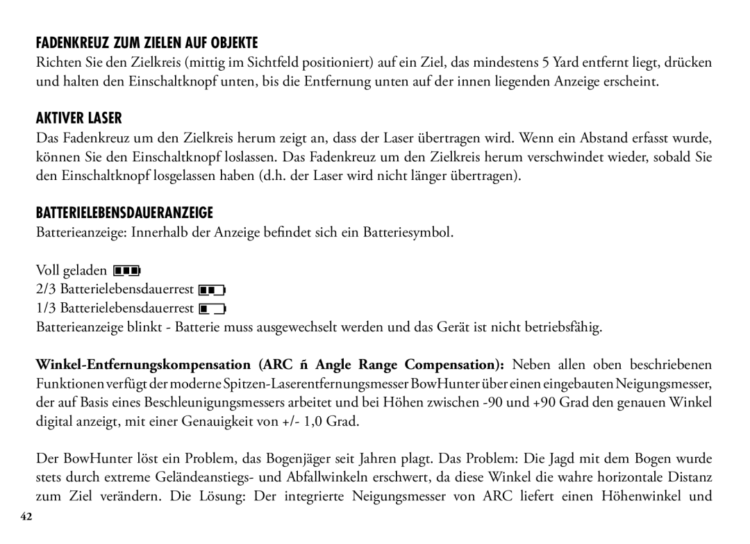 Bushnell 98-1355/01-09, 202204 manual Fadenkreuz ZUM Zielen AUF Objekte, Aktiver Laser, Batterielebensdaueranzeige 