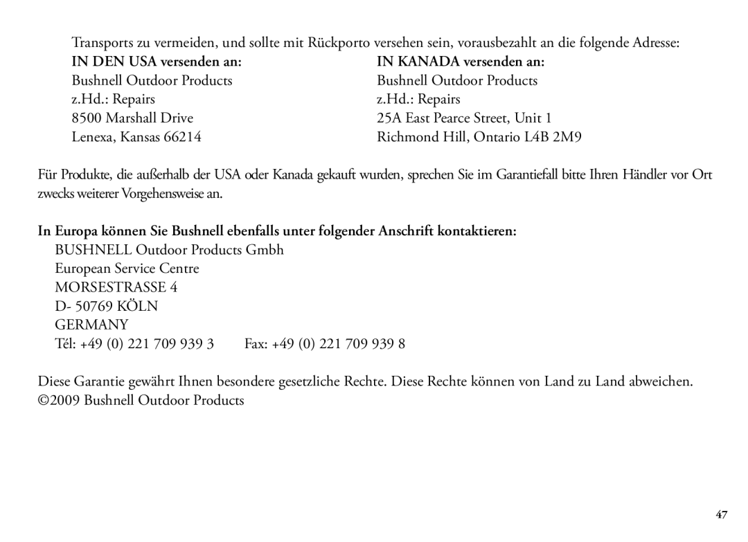 Bushnell 202204, 98-1355/01-09 manual DEN USA versenden an Kanada versenden an 