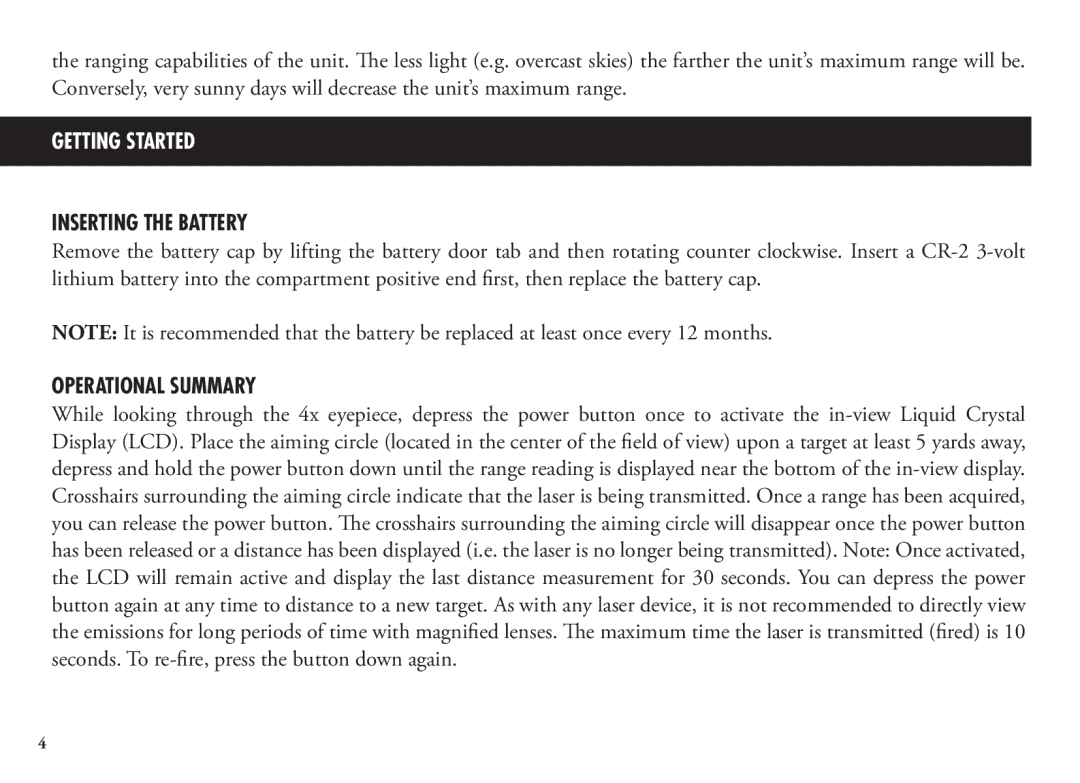 Bushnell 98-1355/01-09, 202204 manual Inserting the Battery, Operational Summary 