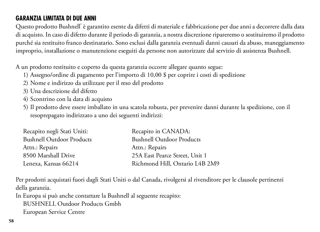 Bushnell 98-1355/01-09, 202204 manual Garanzia Limitata DI DUE Anni, Recapito negli Stati Uniti Recapito in Canada 