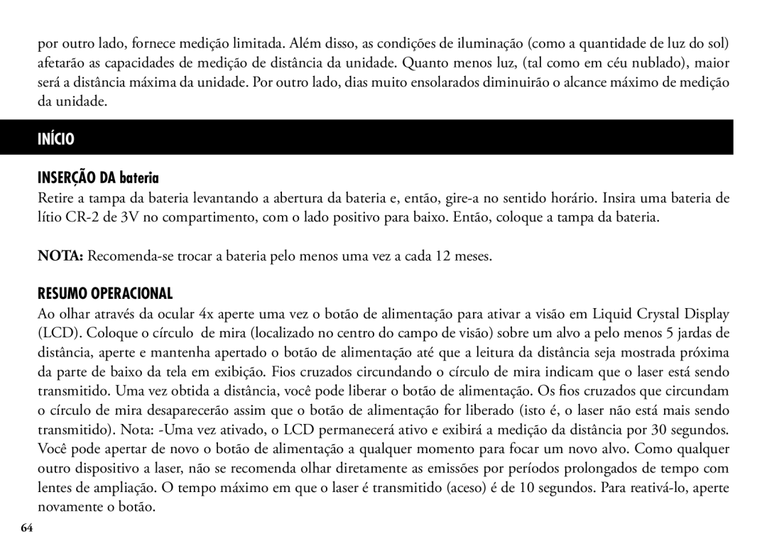 Bushnell 98-1355/01-09, 202204 manual Início, Resumo Operacional 