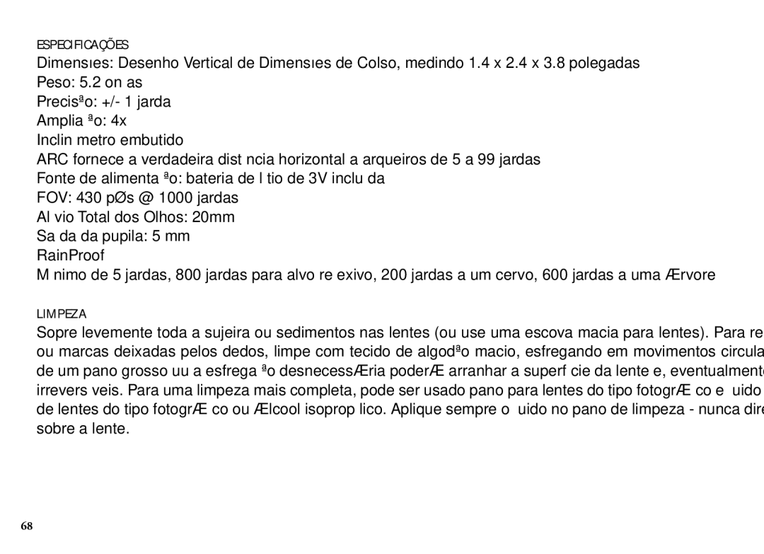 Bushnell 98-1355/01-09, 202204 manual Especificações, Limpeza 