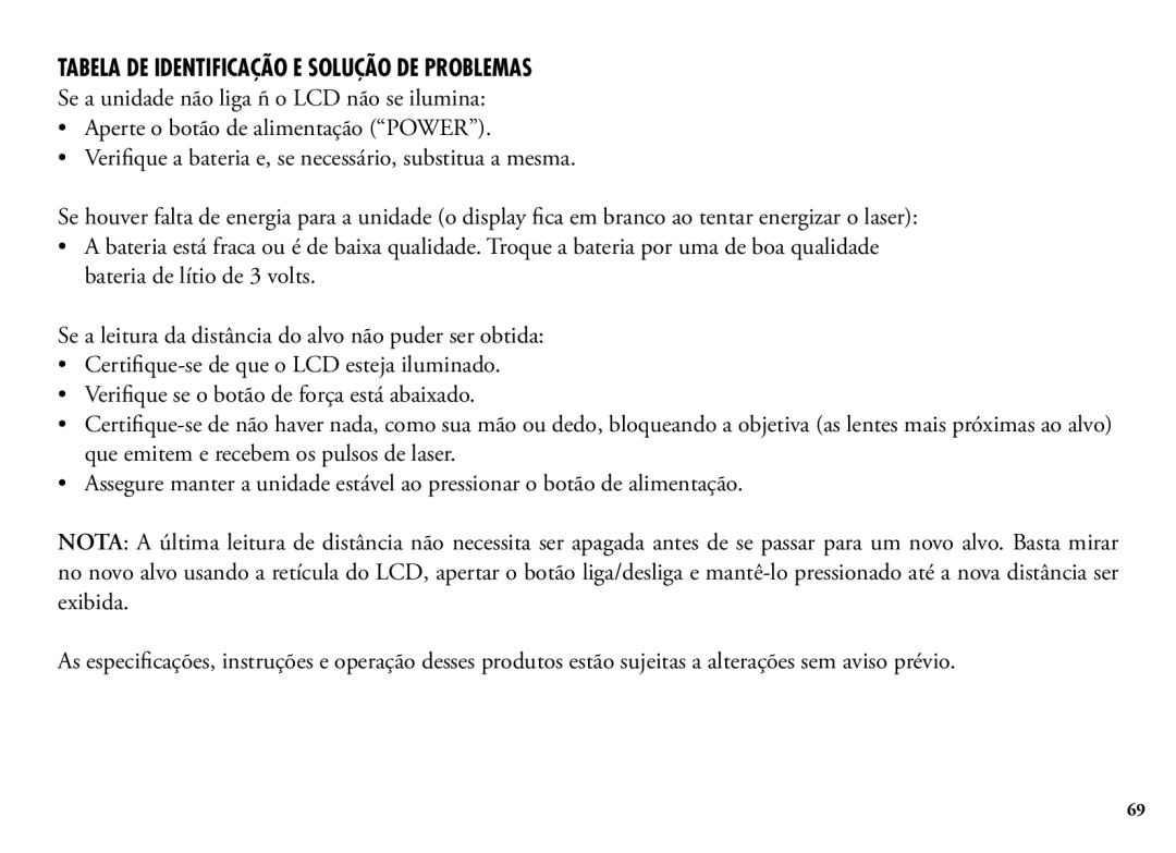 Bushnell 202204, 98-1355/01-09 manual Tabela DE Identificação E Solução DE Problemas 