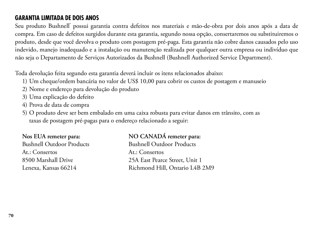 Bushnell 98-1355/01-09, 202204 manual Garantia Limitada DE Dois Anos, Nos EUA remeter para No Canadá remeter para 