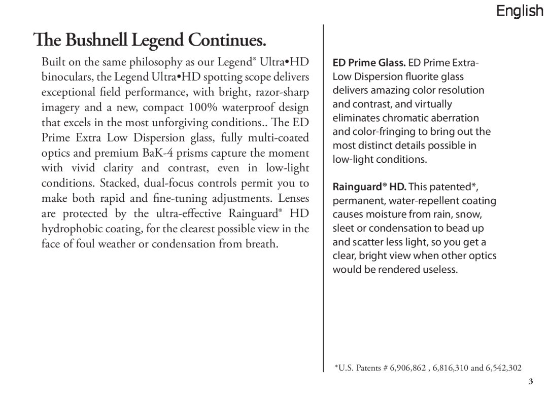 Bushnell 786351ED, 98-1404/03-09 The Bushnell Legend Continues, English, face of foul weather or condensation from breath 