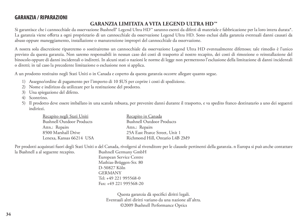 Bushnell 98-1404/03-09, 786351ED manual Garanzia / Riparazioni, GARANZIA LIMITATA A VITA Legend Ultra HD 