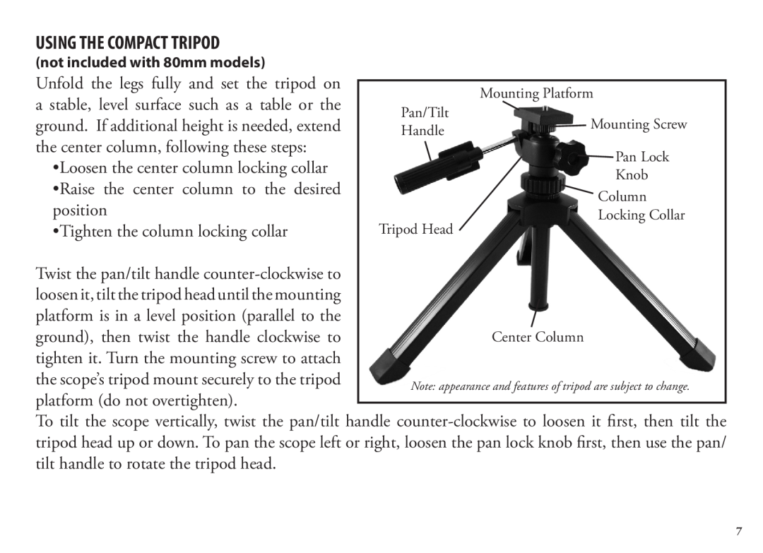 Bushnell 786351ED, 98-1404/03-09 manual Using The Compact Tripod, Unfold the legs fully and set the tripod on, position 