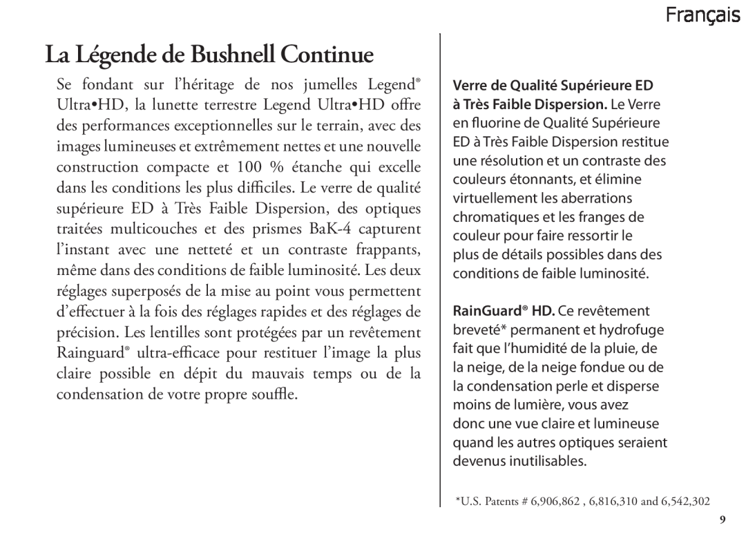 Bushnell 786351ED, 98-1404/03-09 manual La Légende de Bushnell Continue, Français, Verre de Qualité Supérieure ED 