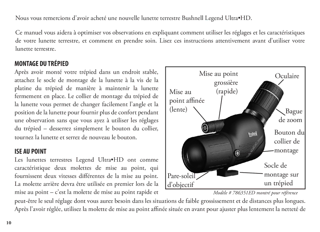 Bushnell 98-1404/03-09, 786351ED manual Montage DU Trépied, ISE AU Point, Point affinée, ’objectif Oculaire 