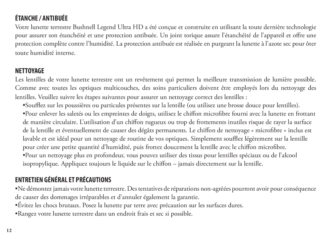 Bushnell 98-1404/03-09, 786351ED manual Étanche / Antibuée, Nettoyage, Entretien Général ET Précautions 