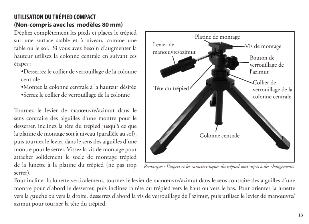 Bushnell 786351ED, 98-1404/03-09 manual Utilisation DU Trépied Compact, Centrale 