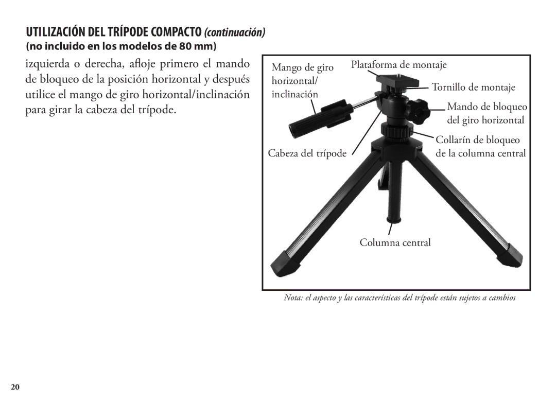 Bushnell 98-1404/03-09, 786351ED manual Utilice el mango de giro horizontal/inclinación, Para girar la cabeza del trípode 