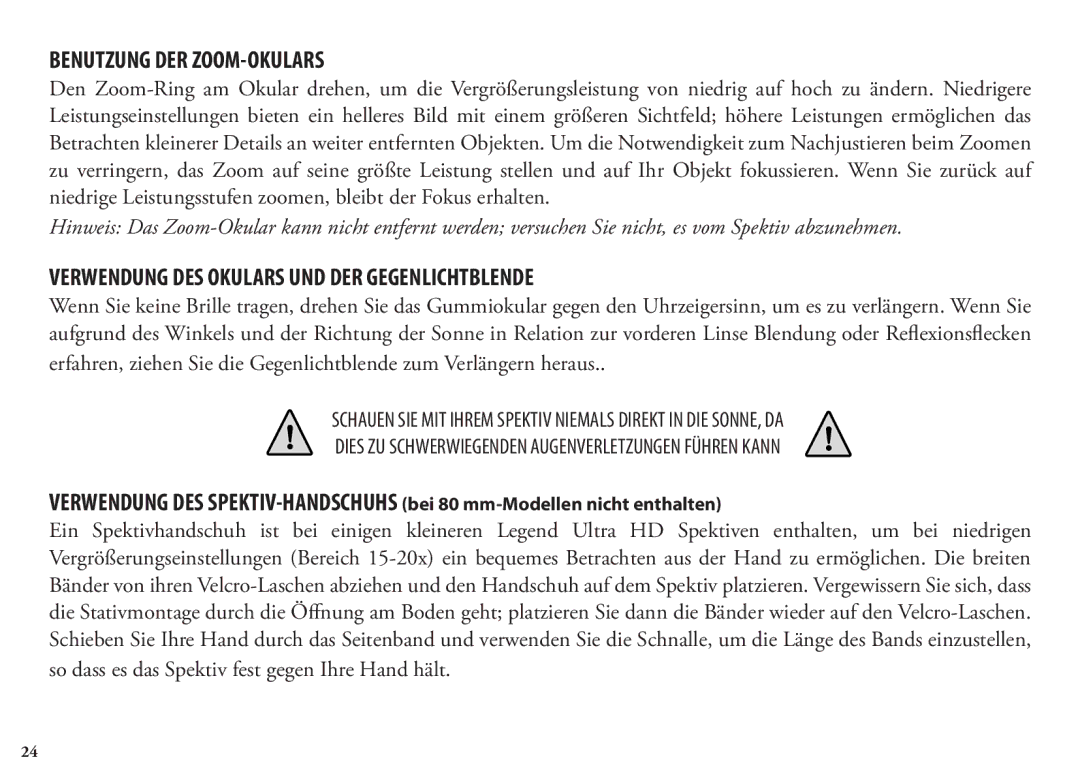 Bushnell 98-1404/03-09, 786351ED manual Benutzung DER ZOOM-OKULARS, Verwendung DES Okulars UND DER Gegenlichtblende 