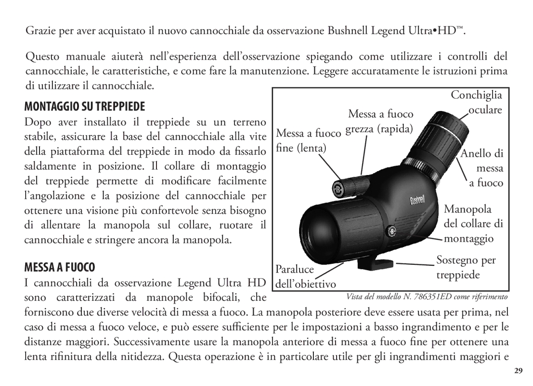 Bushnell 786351ED, 98-1404/03-09 manual Montaggio SU Treppiede, Messa a Fuoco, Dell’obiettivo 