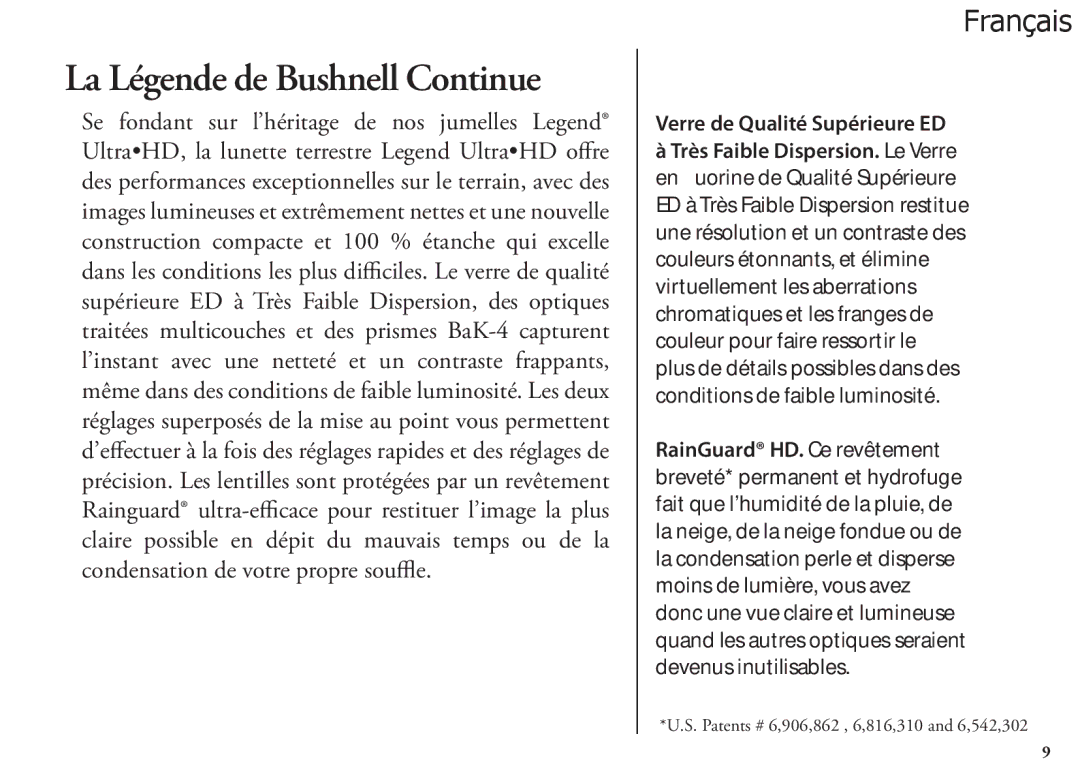 Bushnell 786351ED, 98-1404/03-09 manual La Légende de Bushnell Continue, Verre de Qualité Supérieure ED 