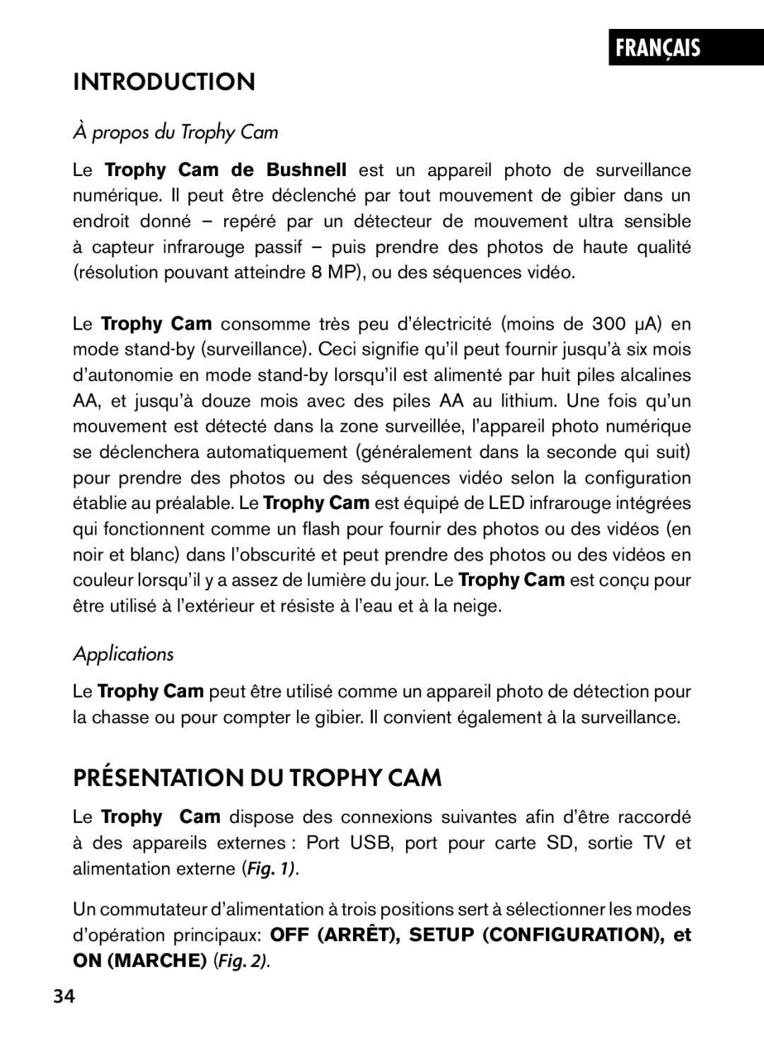 Bushnell 98-1559 / 1-10 instruction manual Présentation DU Trophy CAM, Propos du Trophy Cam 