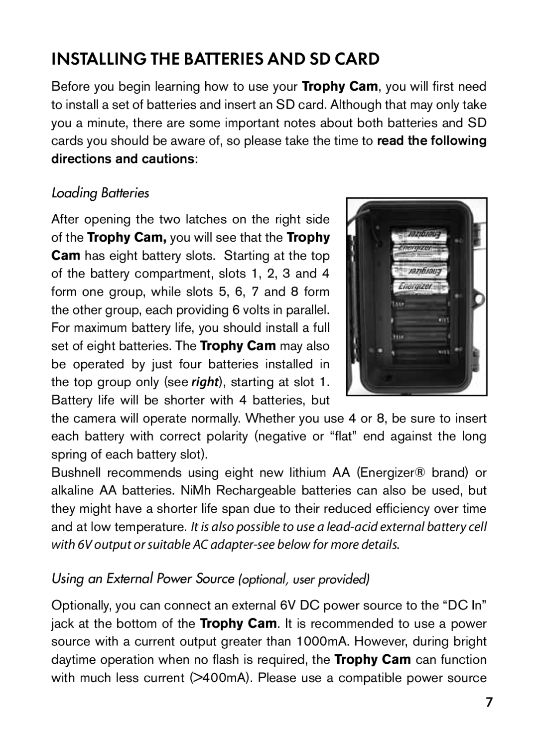 Bushnell 98-1559 / 1-10 instruction manual Installing the Batteries and SD Card, Loading Batteries 