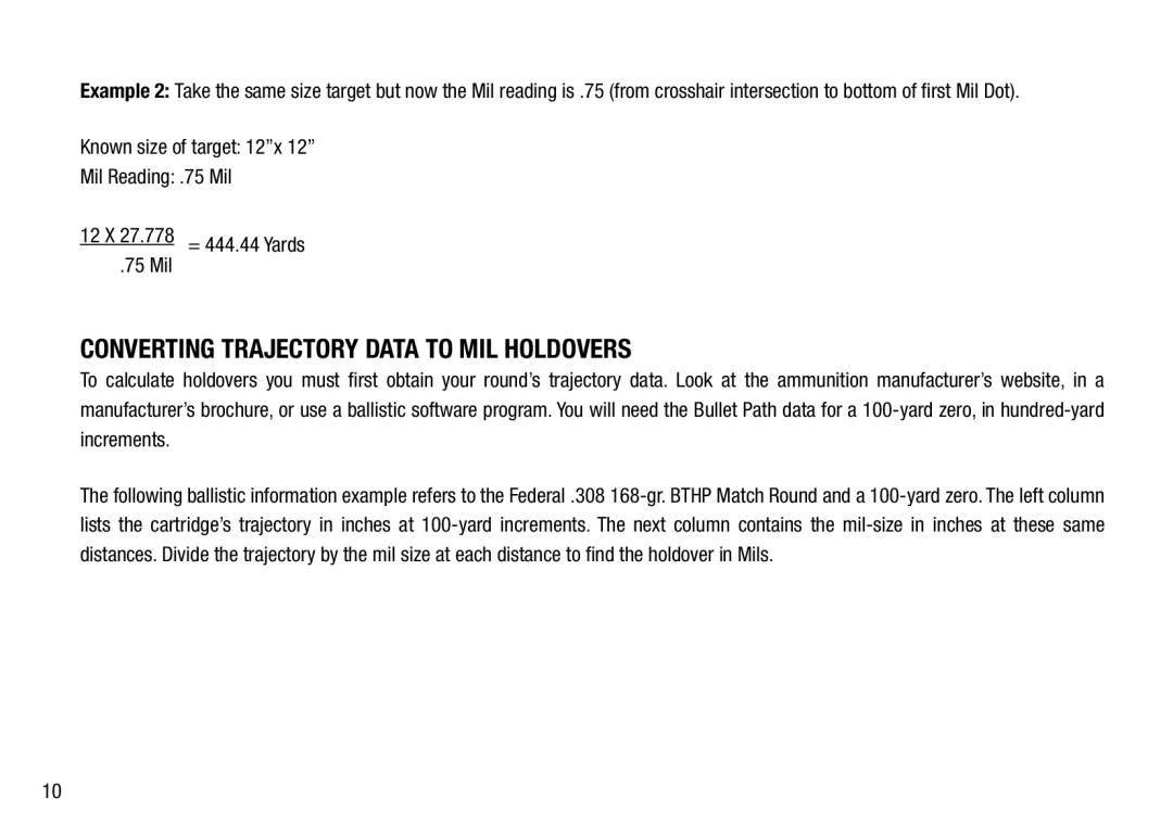 Bushnell 98-2293/05-12 manual Converting Trajectory Data to Mil Holdovers 