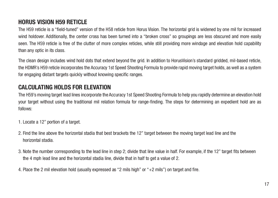 Bushnell 98-2293/05-12 manual Horus Vision H59 Reticle, Calculating Holds for Elevation 