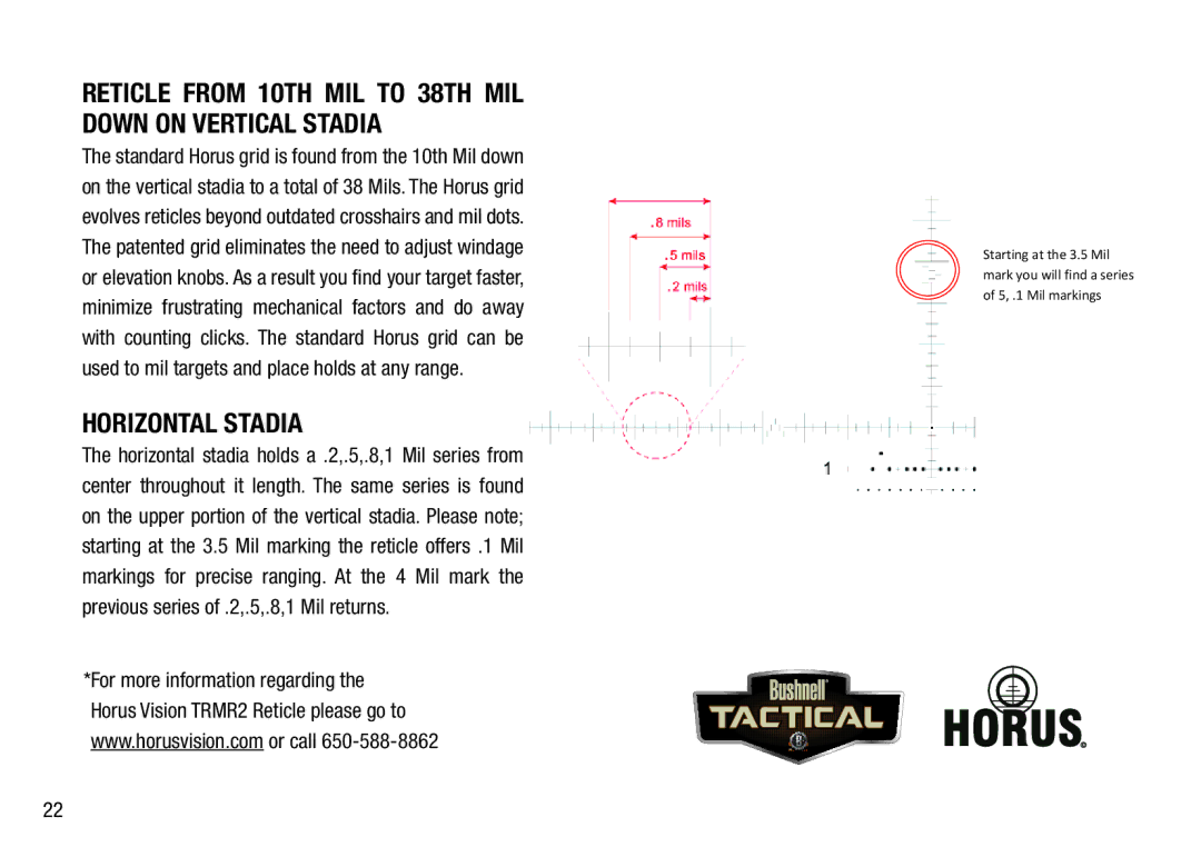 Bushnell 98-2293/05-12 manual Reticle from 10TH MIL to 38TH MIL Down on Vertical Stadia, Horizontal Stadia 