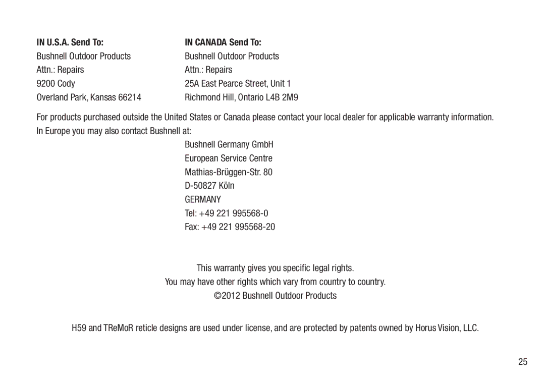 Bushnell 98-2293/05-12 manual U.S.A. Send To Canada Send To 