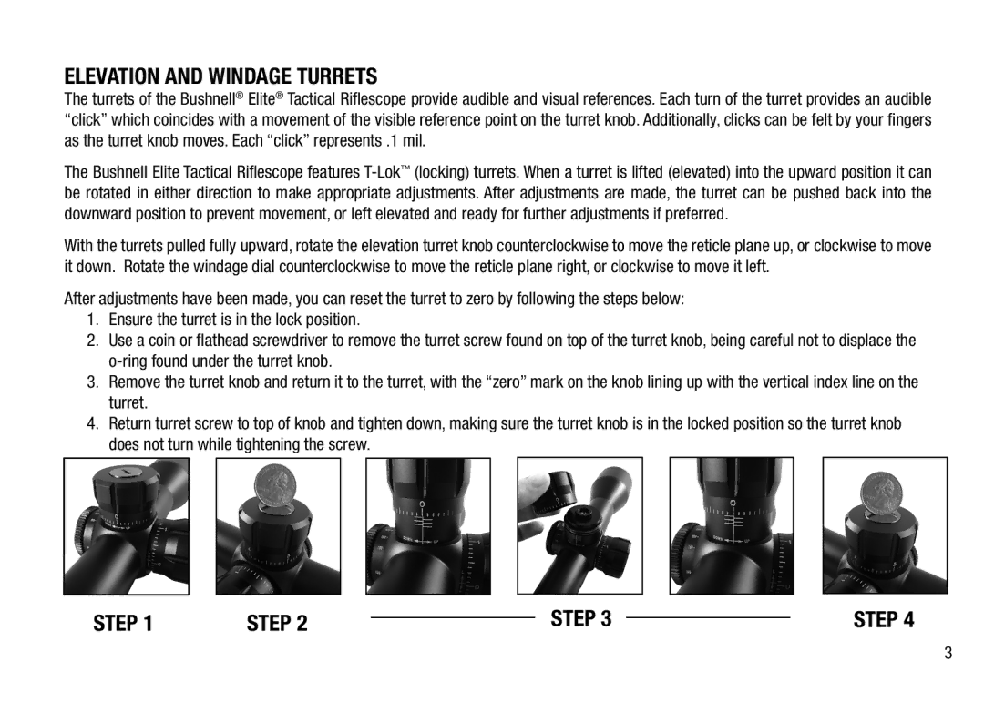 Bushnell 98-2293/05-12 manual Elevation and Windage Turrets, Step 