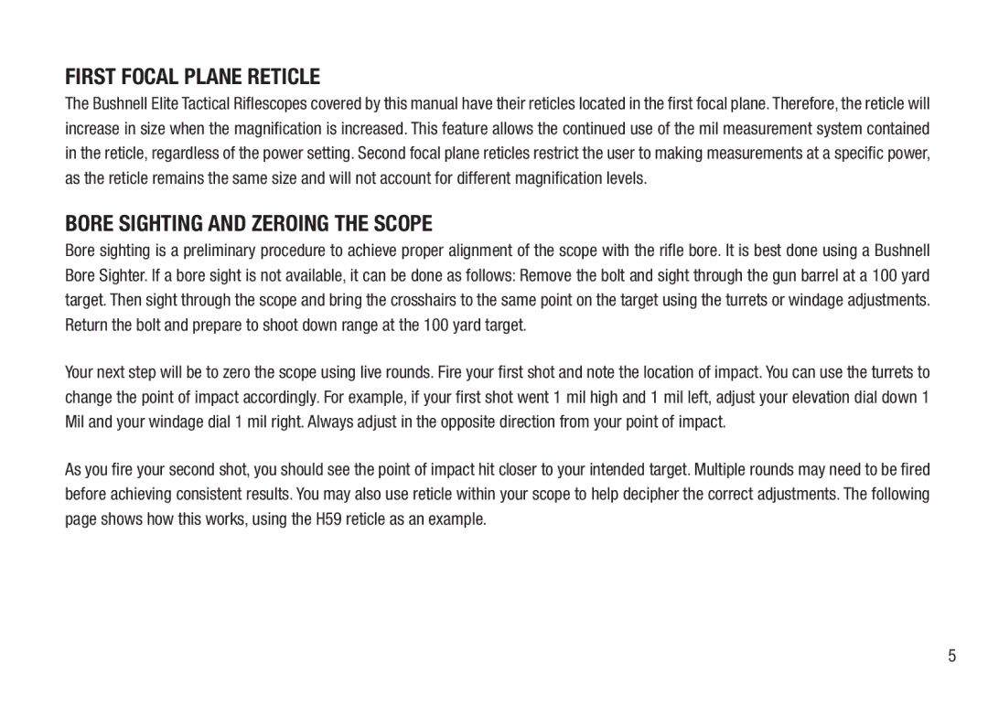 Bushnell 98-2293/05-12 manual First Focal Plane Reticle, Bore Sighting and Zeroing the Scope 