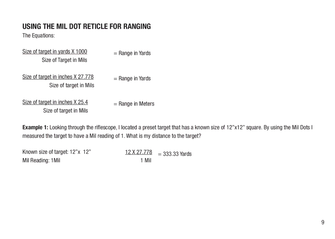 Bushnell 98-2293/05-12 manual Using the Mil Dot Reticle for Ranging, Equations 