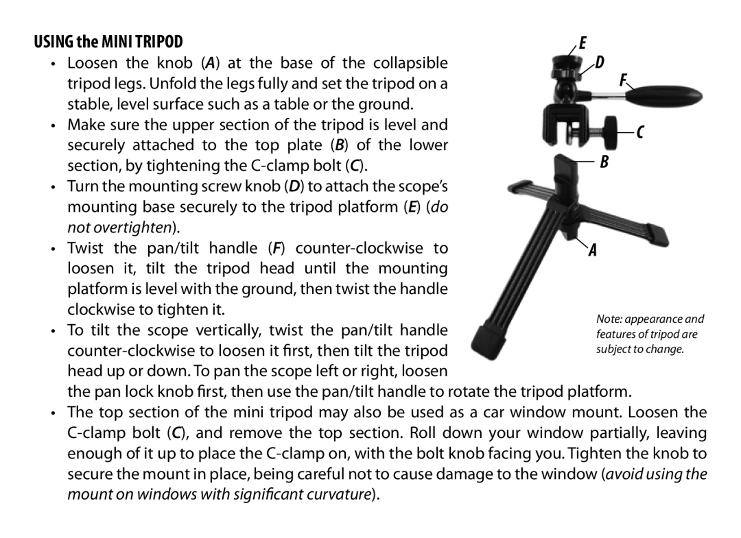 Bushnell 98-2307/10-10 instruction manual Using the Mini Tripod, Not overtighten 