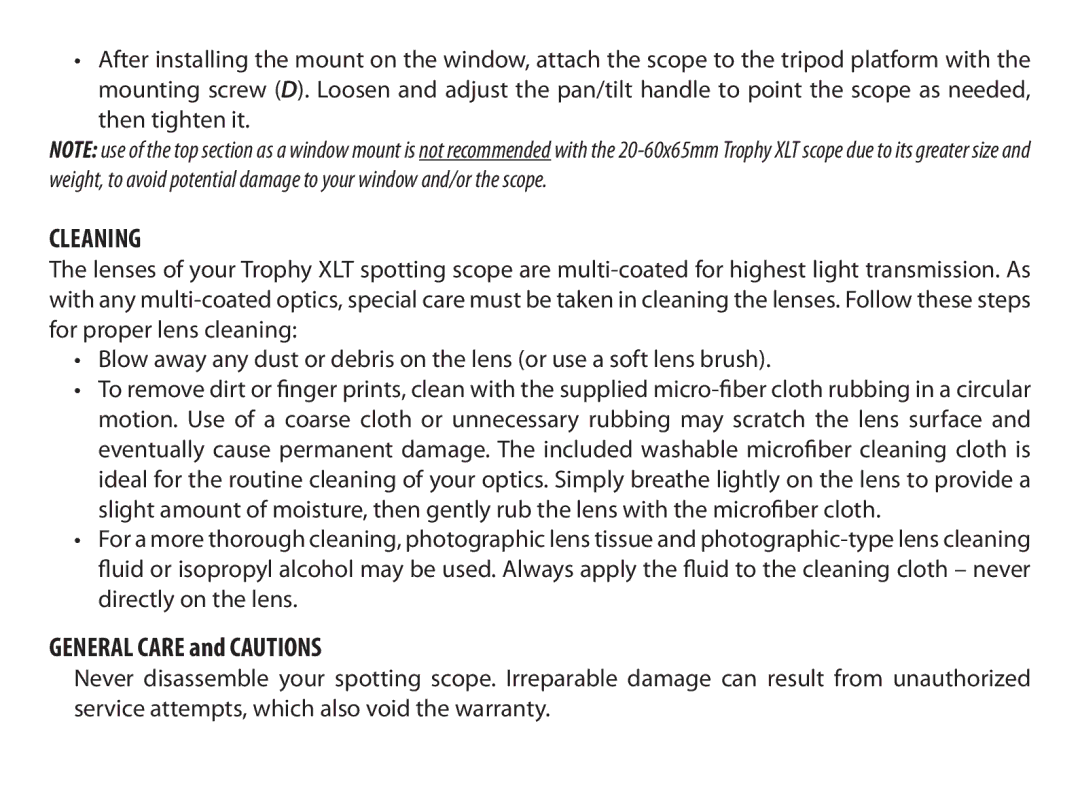 Bushnell 98-2307/10-10 instruction manual Cleaning, General Care and Cautions 