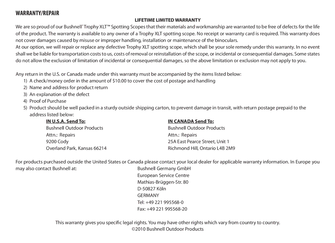Bushnell 98-2307/10-10 instruction manual Warranty/Repair 