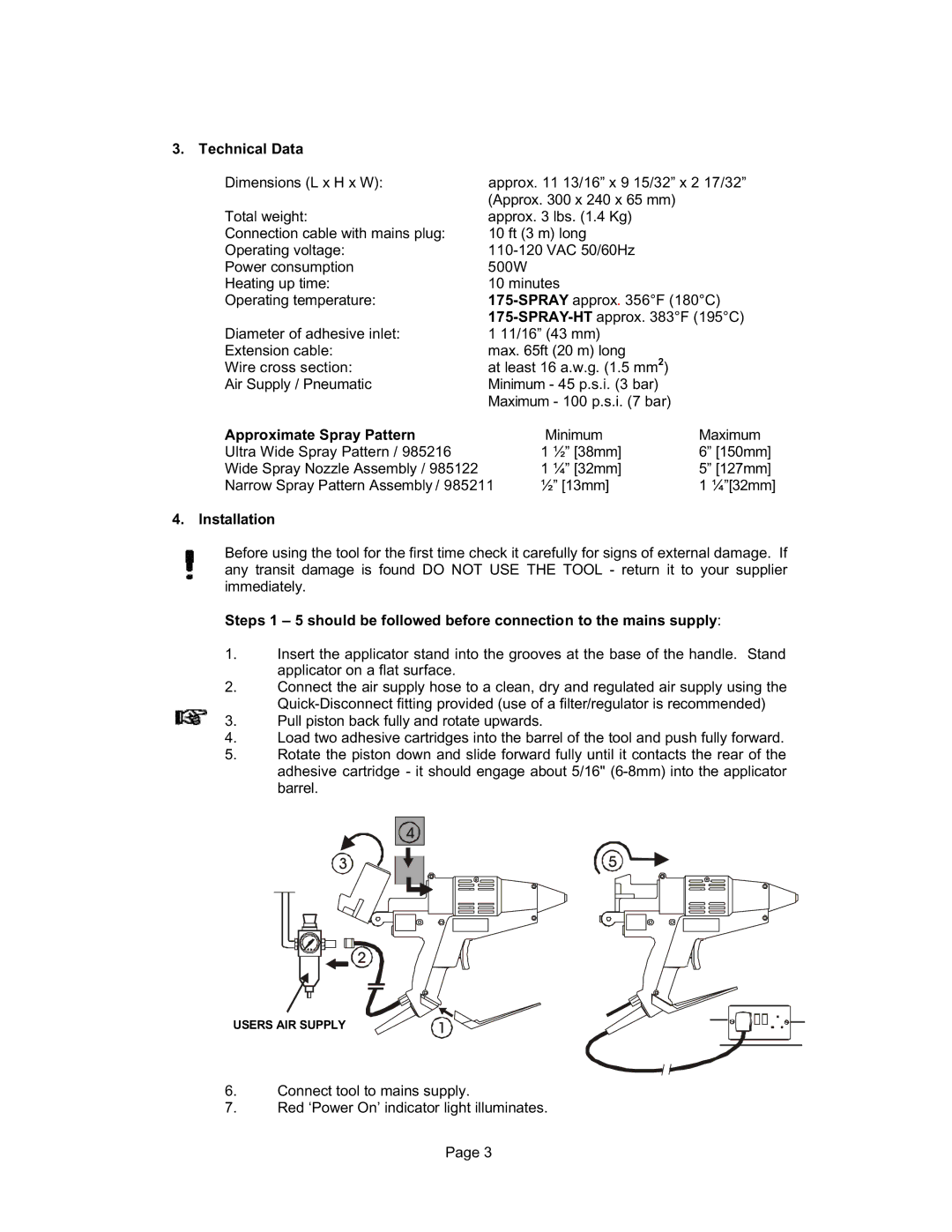 Bushnell 98041, 98037 operation manual Technical Data, Approximate Spray Pattern, Installation 