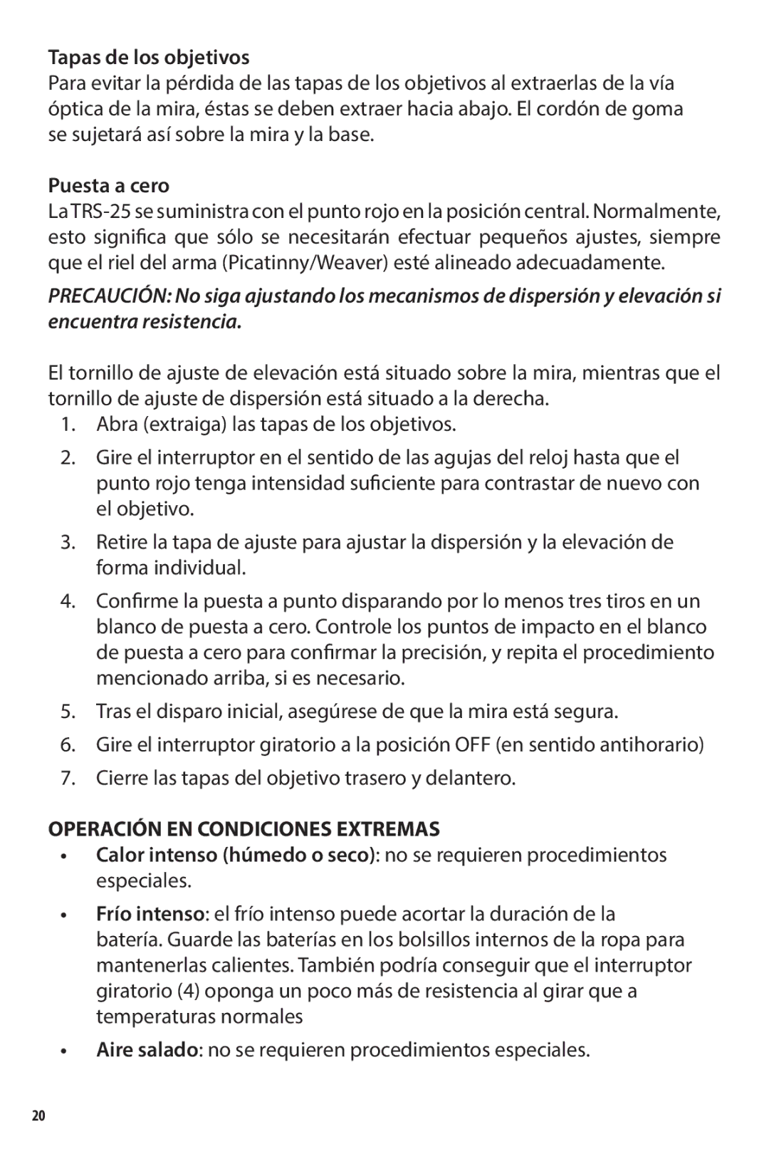 Bushnell 731303, AR731306C, 731309 owner manual Tapas de los objetivos, Puesta a cero, Operación EN Condiciones Extremas 