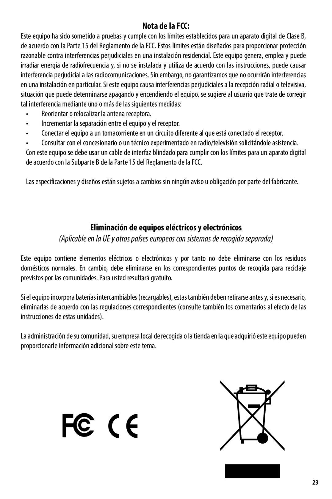 Bushnell 731309, 731303, AR731306C owner manual Nota de la FCC, Eliminación de equipos eléctricos y electrónicos 