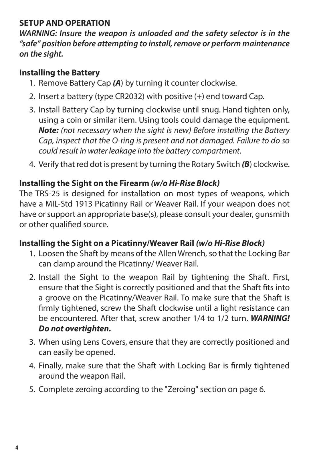 Bushnell AR731306 Setup and Operation, Installing the Battery, Installing the Sight on the Firearm w/o Hi-Rise Block 