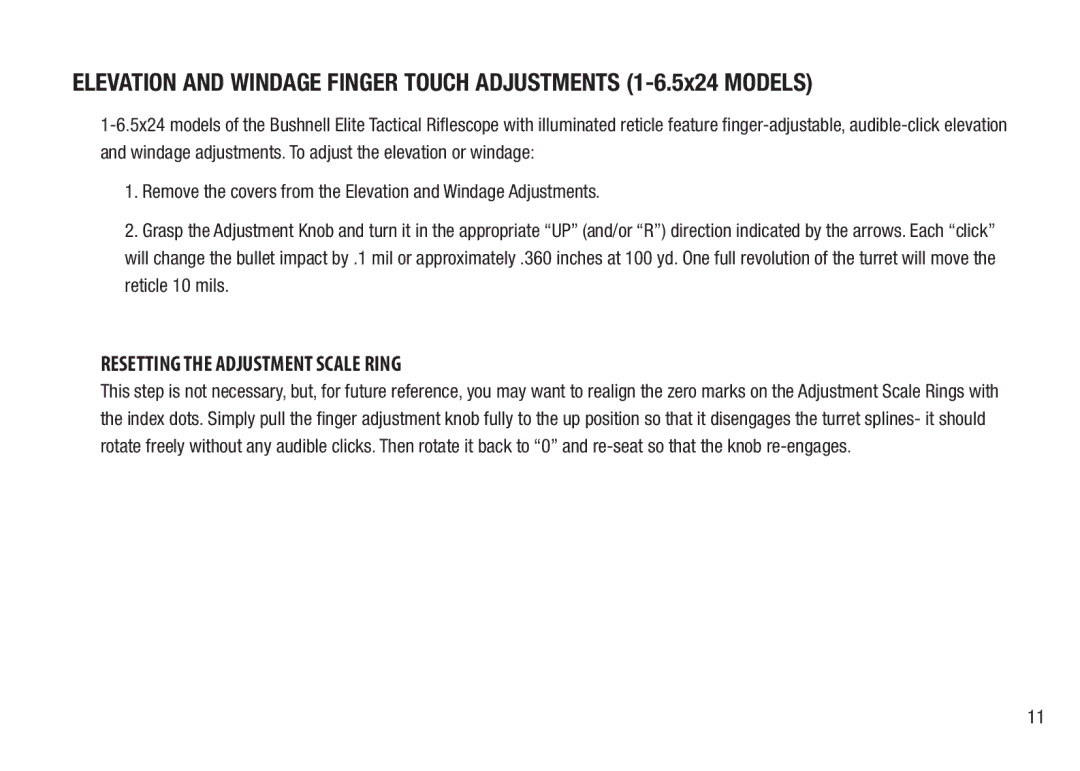 Bushnell BTR-1, BTR-MIL, BTR-2 manual Resetting the Adjustment Scale Ring 