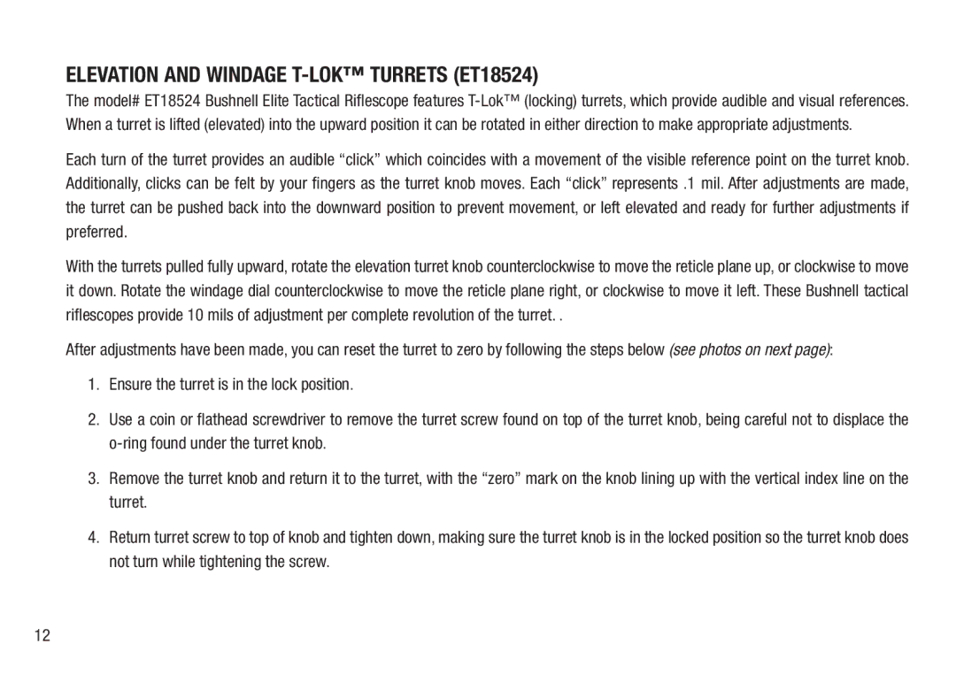 Bushnell BTR-MIL, BTR-2, BTR-1 manual Elevation and Windage T-LOK Turrets ET18524 