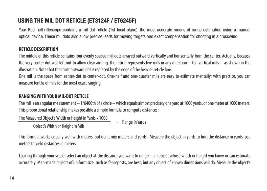 Bushnell BTR-1, BTR-MIL, BTR-2 manual Reticle Description, Ranging with Your MIL-DOT Reticle 