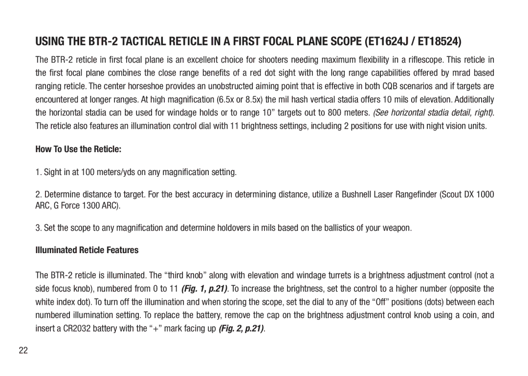 Bushnell BTR-2, BTR-MIL, BTR-1 manual How To Use the Reticle 