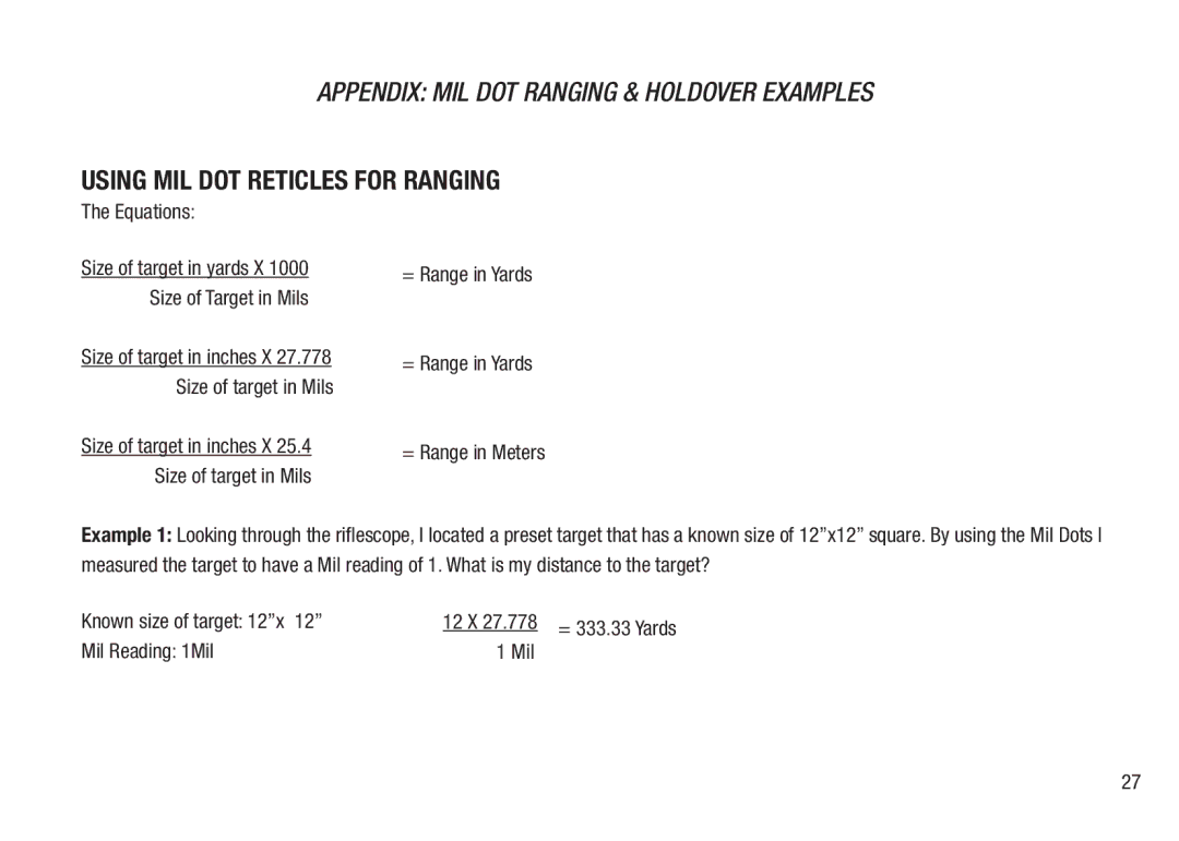 Bushnell BTR-MIL, BTR-2, BTR-1 manual Using Mil Dot Reticles for Ranging, Equations 