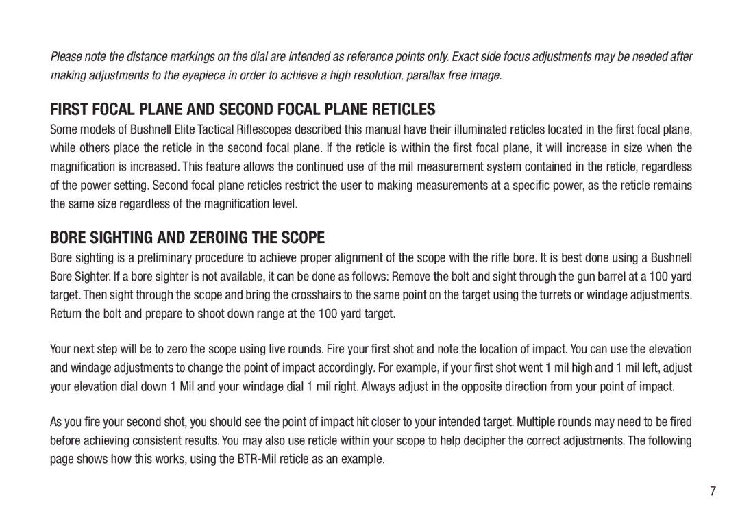 Bushnell BTR-2, BTR-MIL, BTR-1 manual First Focal Plane and Second Focal Plane Reticles, Bore Sighting and Zeroing the Scope 