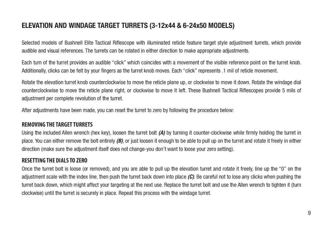 Bushnell BTR-MIL, BTR-2, BTR-1 manual Removing the Target Turrets, Resetting the Dials to Zero 