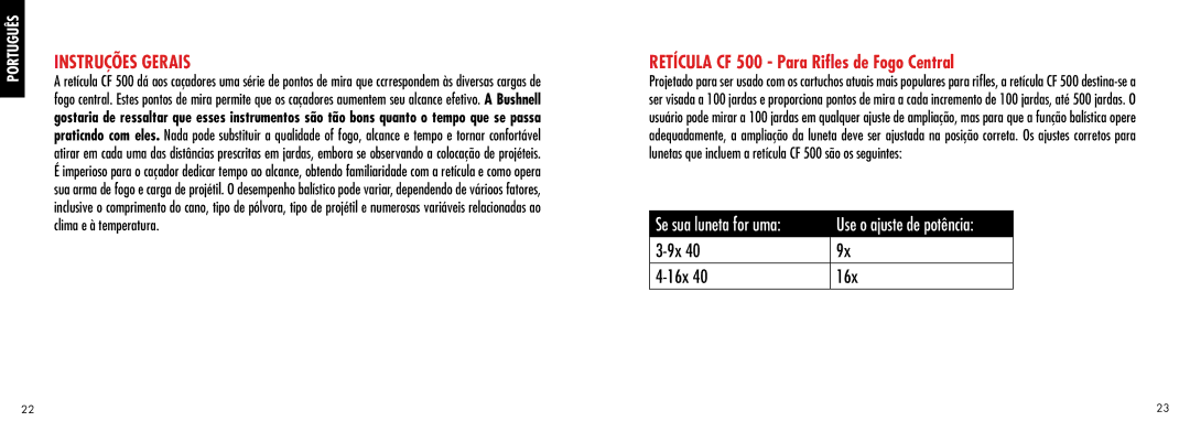 Bushnell manual Instruções Gerais, Retícula CF 500 Para Rifles de Fogo Central 